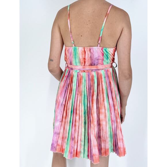 Women’s Pleated Pastel Multicolor V-Neck Fit and Flare Dress Size Small - Picture 2 of 3